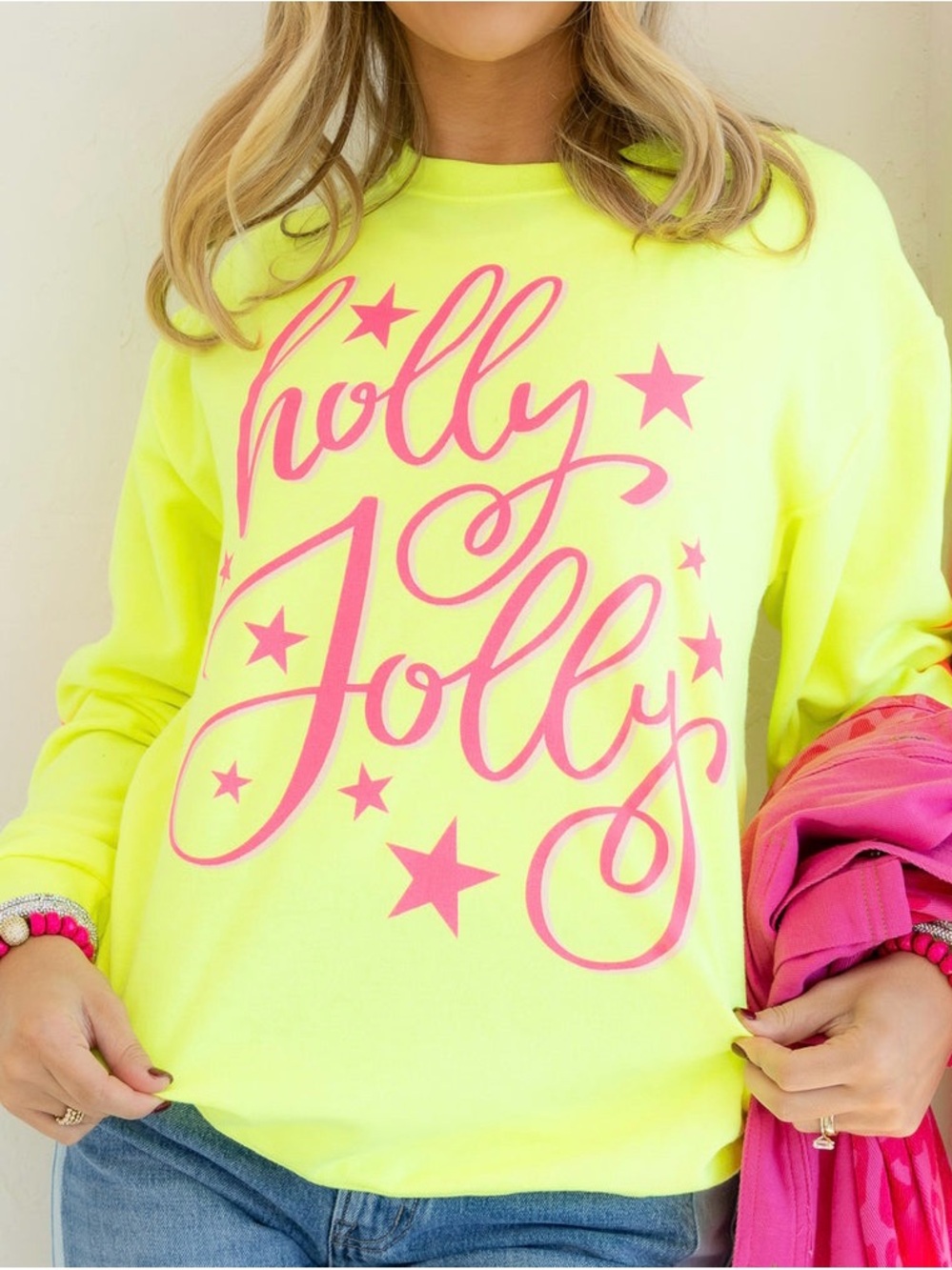 NWT Neon Yellow 'Holly Jolly' Graphic Sweatshirt plus free earrings